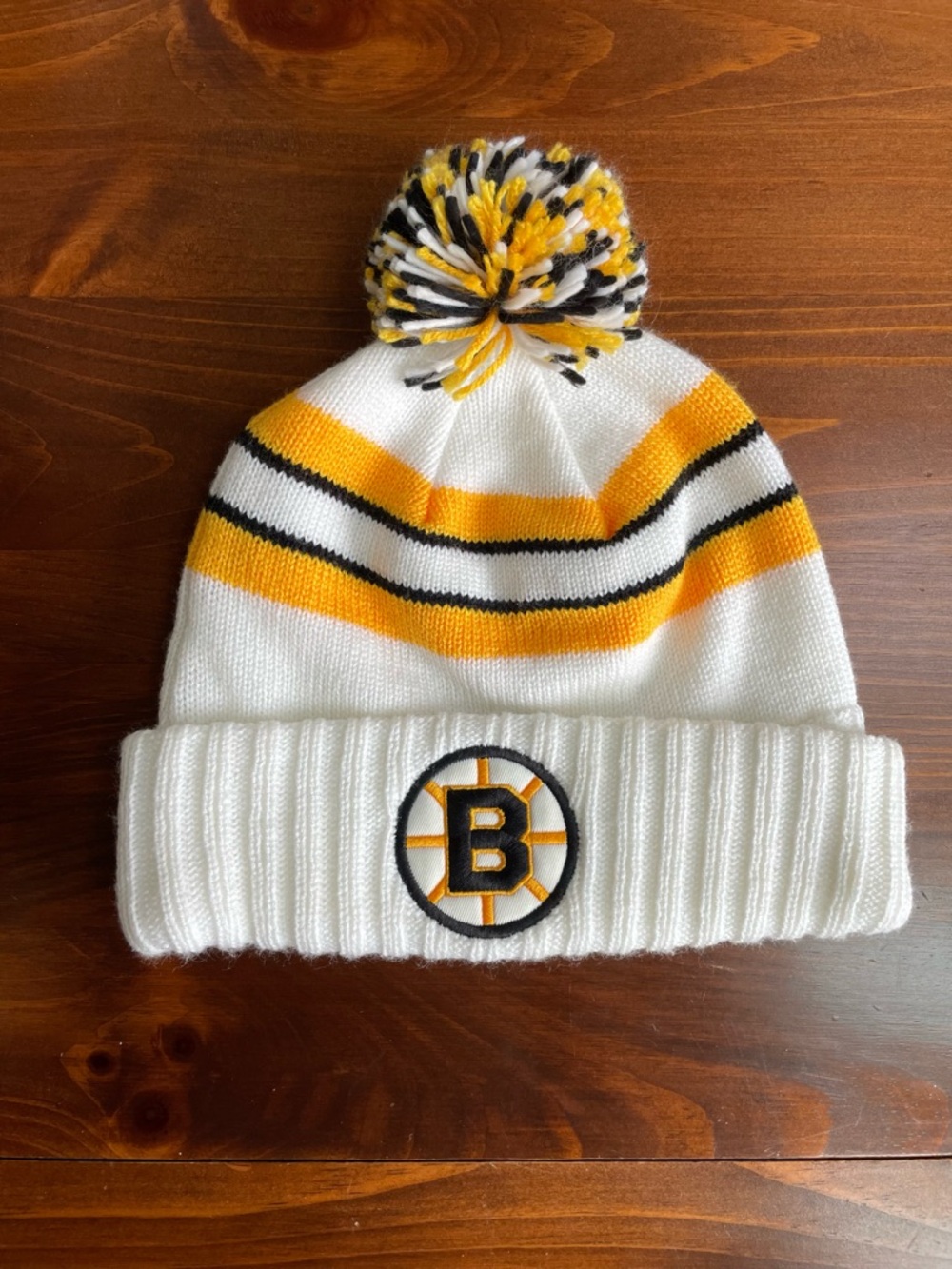 Boston Bruins White Knit Pom Beanie with Yellow & Black Stripes